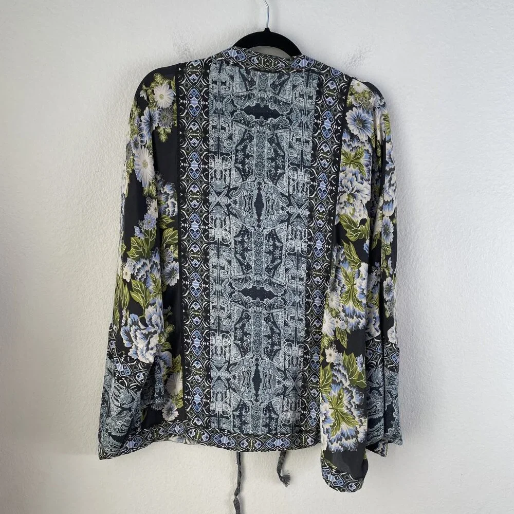 Free People Jacket Womens Medium Large Black Blue Floral Boho Kimono Pockets Zip
